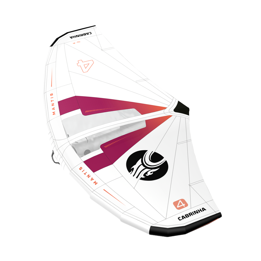 2027 Cabrinha Mantis wing for wing foiling featuring refined aerodynamic shaping, Teijin D2 canopy, rigid boom platform, and all-around performance.
