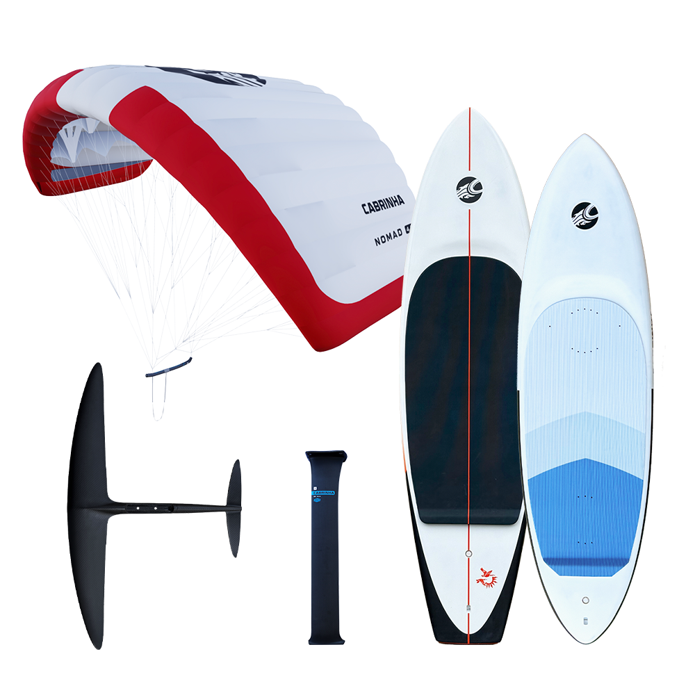 Cabrinha parawing setup featuring Nomad parawing, two foil board options, carbon mast and hydrofoil wing kit.