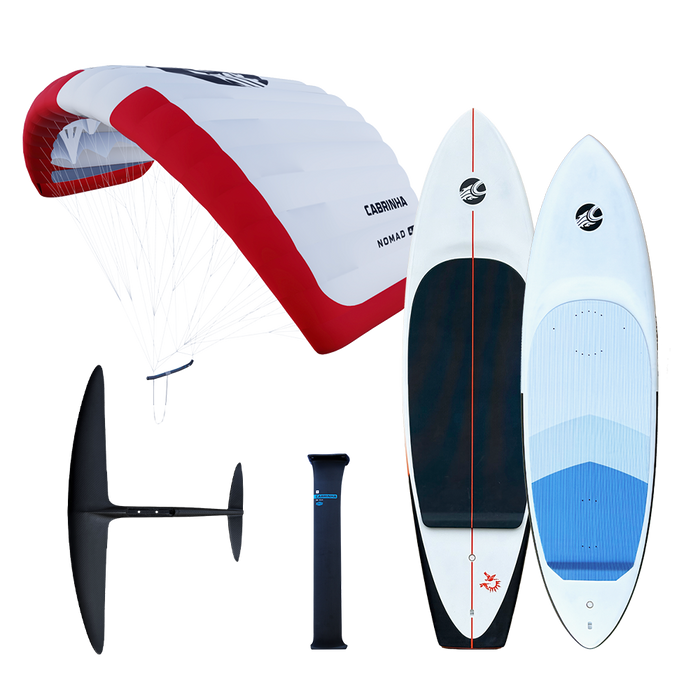 Cabrinha parawing setup featuring Nomad parawing, two foil board options, carbon mast and hydrofoil wing kit.