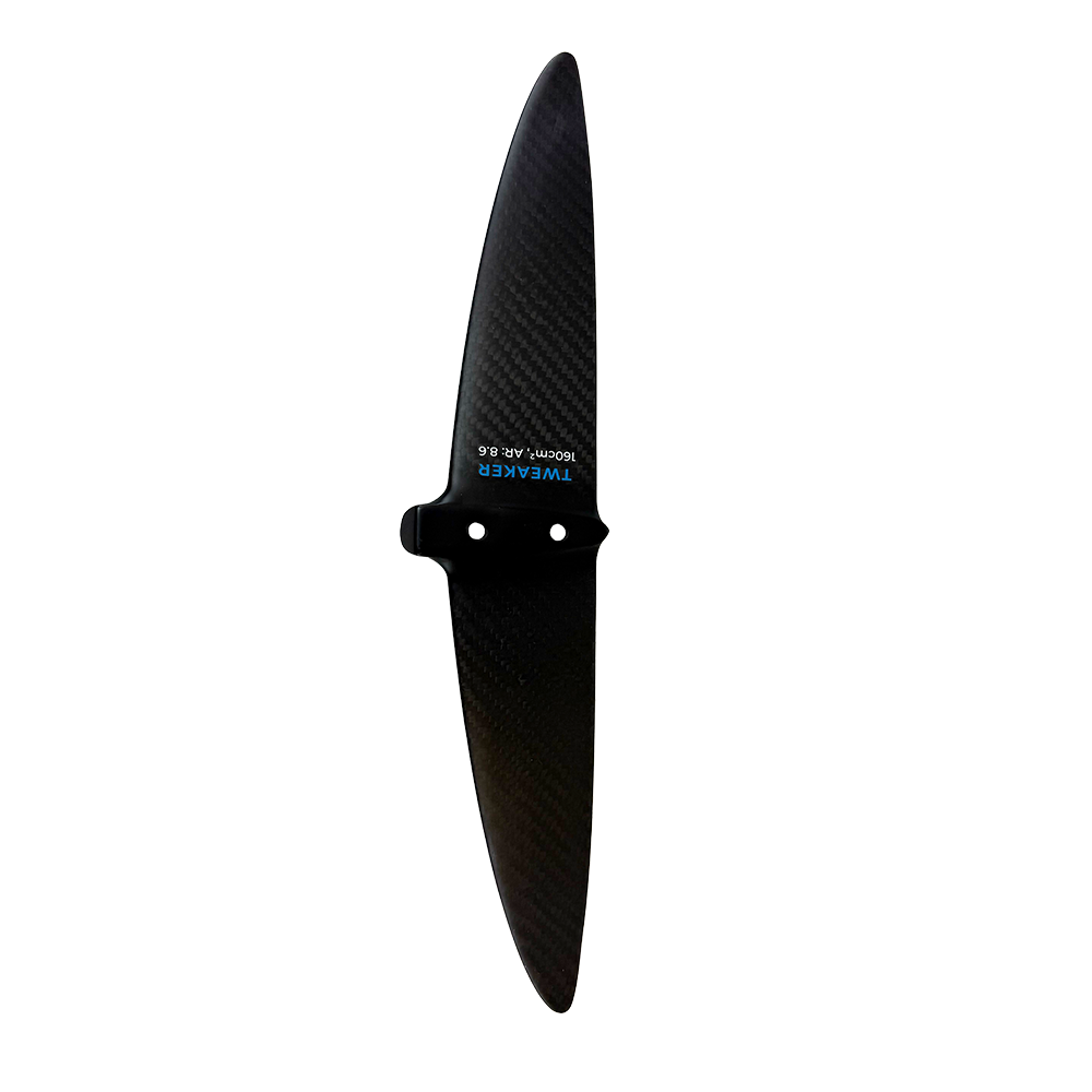Cabrinha Tweaker Stabilizer hydrofoil rear wing in 140cm² and 160cm² sizes, constructed from premium M40 carbon for adjustable lift, stability, speed, and control.