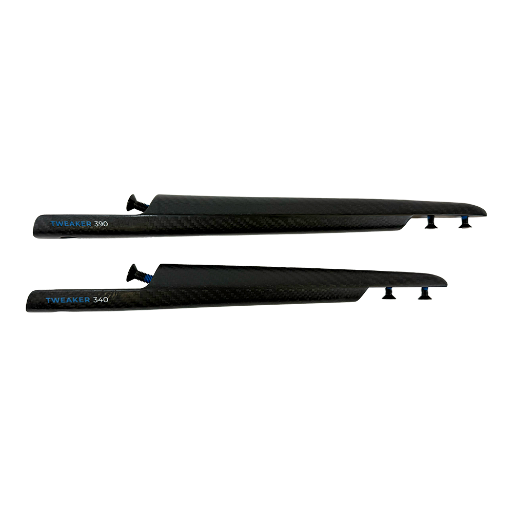Cabrinha Tweaker Fuselage for hydrofoil systems, available in 340mm and 390mm lengths with adjustable shim kit for tuning stability, lift, pitch, and ride performance.